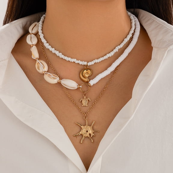 NICKSUN Shell Beach Choker Necklace Set for Women Boho Layered Beaded Adjustable Starfish Conch Shell Nacklace Imitaion Pearl Rice Beads Necklace Summer Ocean Vacation Jewelry