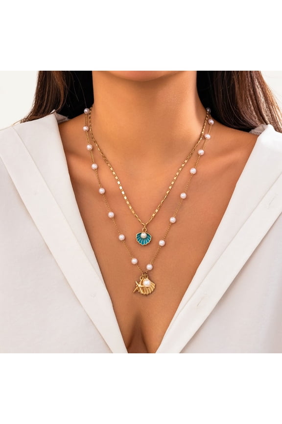 Shell Necklaces for Women 18k Gold Plated Layered Starfish Conch SeaShell Pearl Pendant Charm Necklace Adjustable Stainless Steel Chain Summer Beach Jewelry