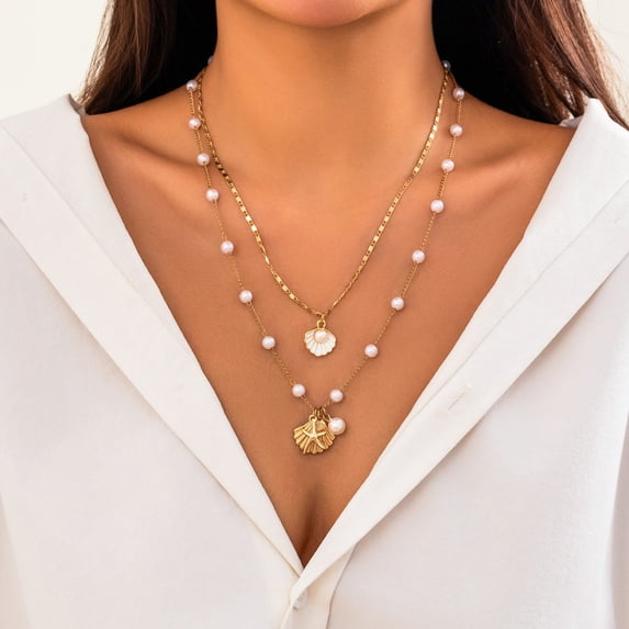 NICKSUN Shell Necklaces for Women 18k Gold Plated Layered Starfish Conch SeaShell Imitation Pearl Pendant Charm Necklace Adjustable Stainless Steel Chain Summer Beach Jewelry