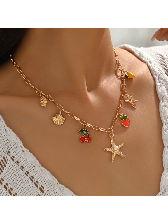 Shell Starfish Necklace for Women, 14k Gold Plated Boho Layered Beaded Charm Pendant Necklace, Dainty Adjustable Imitation Pearl Conch Summer Beach Vacation Jewelry Gifts