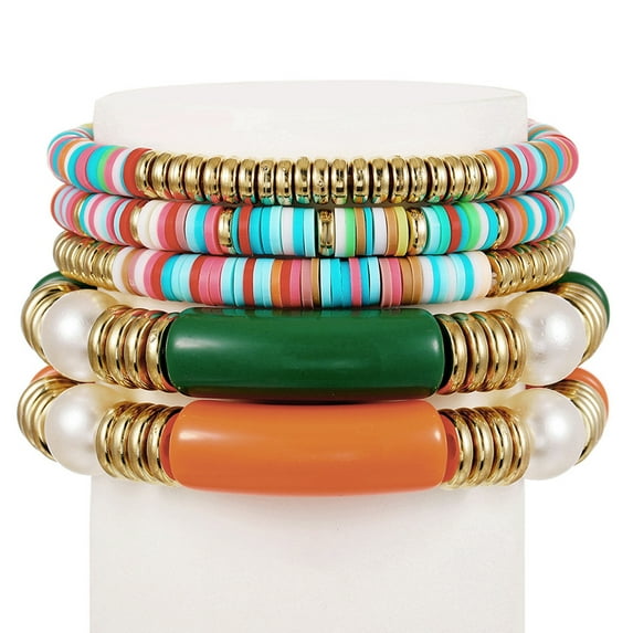 NICKSUN Simple Beaded Gold Bangles Bracelet Chunky Bamboo Tube Curved Stacking Clear Acrylic Colorful Beads Stretchable Gold Bracelets Set For Women