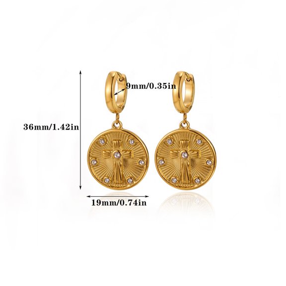 NICKSUN Small Hoop Dangle Earrings for Women, Trendy Dainty Retro Design Circular Relief Cross Zircon Pendant Earrings Fashion Jewelry Gift