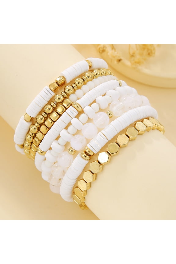 Stackable Stretch Bracelet Set Gold Bohemian Clay Beads Bracelets 8Pcs Layered Bangle for Women