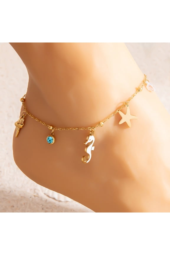 Stainless Steel Anklet - Colorfast Gold-Toned Ocean Series with Seahorse, Starfish & Shell Charms, Trendy Foot Jewelry