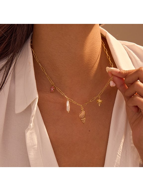 Stainless Steel Beach Vacation Necklace, Multi Charms Conch Shell Palm Tree Imitation Pearl Pink Flower Pendant Paperclip Chain Necklace, Boho Tropical Summer Dainty Jewelry for Women