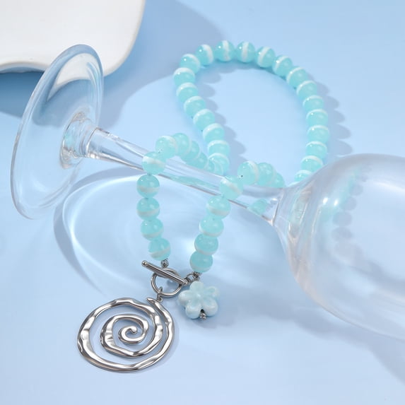 NICKSUN Two-tone Stainless Steel Swirl Spiral Pendant Necklace, Light Blue Striped Bead & Flower OT Clasp Cute Choker for Women