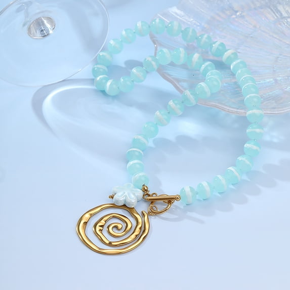 NICKSUN Two-tone Stainless Steel Swirl Spiral Pendant Necklace, Light Blue Striped Bead & Flower OT Clasp Cute Choker for Women
