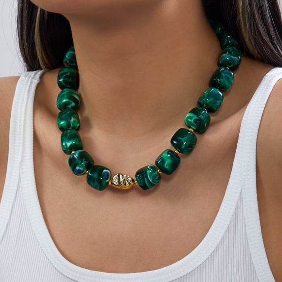NICKSUN Vintage Dopamine Chunky Square Acrylic Bead Choker Necklace, Handmade Marbled Resin Statement Collar with Irregular Gold Metal Accent, Trendy Vacation Fashion Neck Jewelry