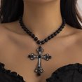 thumbnail image 1 of NICKSUN Vintage Filigree Cross Pendant Pearl Beaded Choker Necklace, Gothic Multi-Layer Imitation Pearl Chain Necklace, 1 of 8