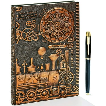 NICKSUN Vintage Train Embossed Leather Writing Journal Notebook with Pen Set,Antique Handmade Daily Notepad Sketchbook,Travel Diary Notebooks to Write in,Gift for Men Women
