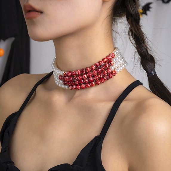 NICKSUN Women Halloween Multi‑Layer Choker Necklace, White Imitation Pearl & Red Speckled Beaded Collar Choker, Gothic Cosplay Statement Neck Jewelry for Halloween Party Costume