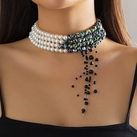 NICKSUN Women Multi‑Layer Choker Necklace, White Imitation Pearl & Green‑Black Speckled Beaded Collar with Floating Black Bead Tassel, Gothic Statement Neck Jewelry for Party Costume