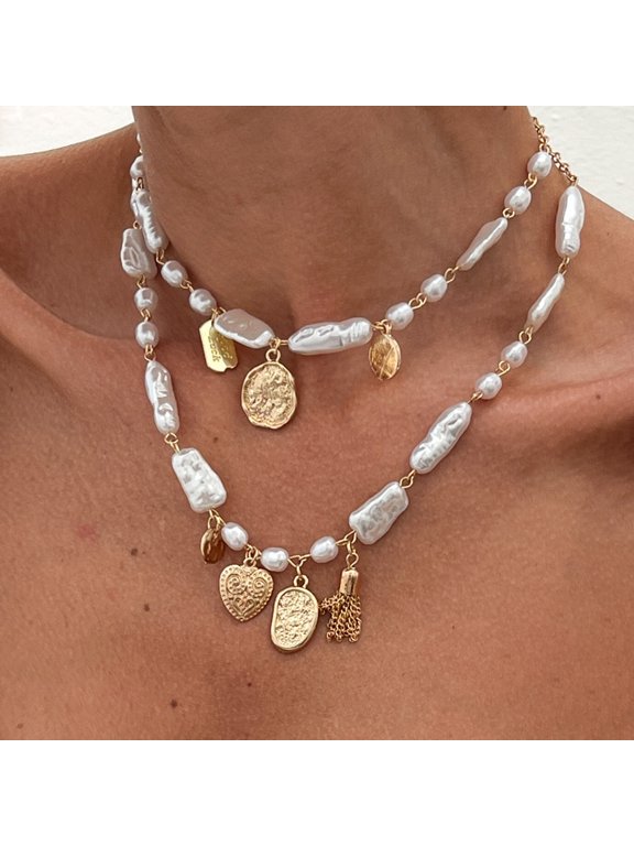 Women Two-Layer Baroque Imitation Pearl Layering Necklace, Irregular Shaped Cable Chain Necklace with Vintage Heart Coin Tassel Gold Charms, Bohemian Vacation Collarbone Jewelry