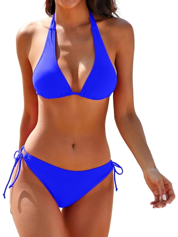 Women's Bikini Sets Two Piece Bathing Suits Sexy Textured Halter Padded Bikini Swimsuits Side Tie Thong Bottom Swimwear
