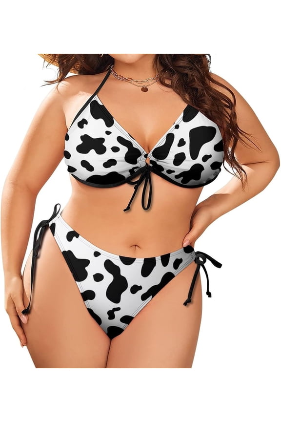 Women's Halter Padded Top Tie Side Bottom Swimsuit Cow Print 2 Piece Plus Size Bikini Bathing Suits