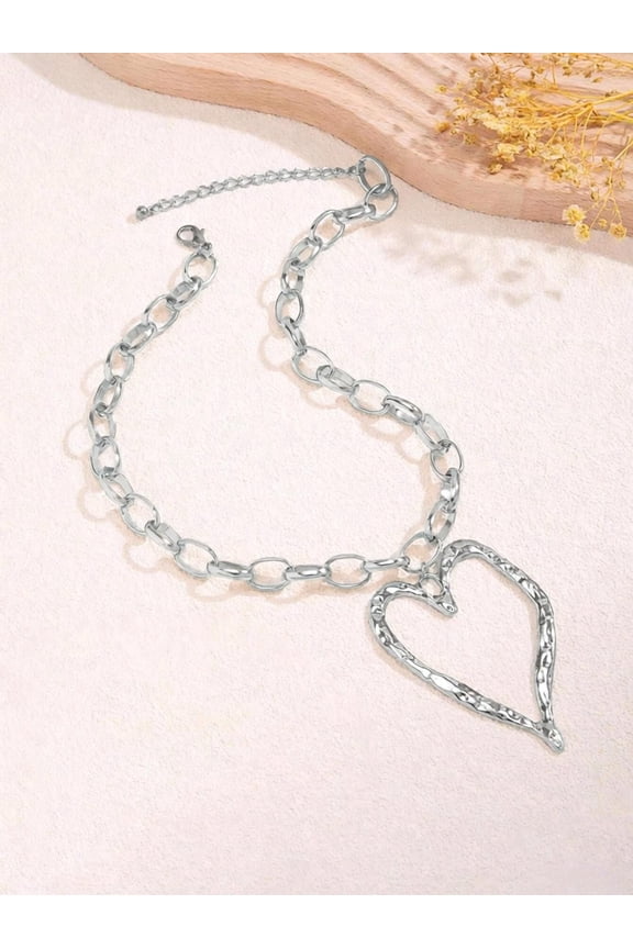 Y2k Large Hollow Heart Necklaces for Women Big Chunky Heart Pendant Necklace Exaggerated Layered Double Hearts Gold/Silver Beaded Choker Necklace Dainty Statement Jewelry Gift