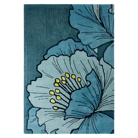 NICOLE MILLER NEW YORK Flora Grandeur Bloom Handcrafted Area Rug, Natural Wool Rug, Bold Floral Rug, Blue, 5'x7’