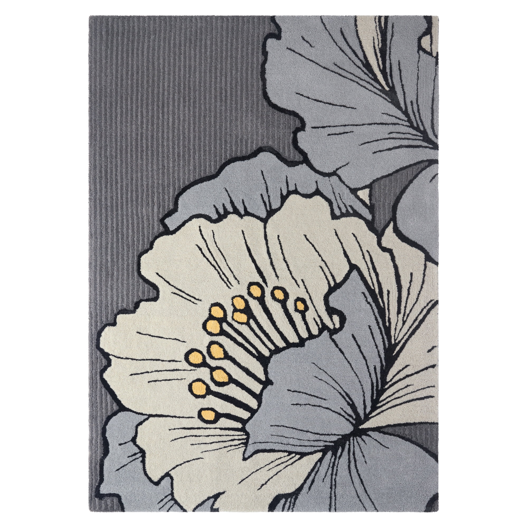 NICOLE MILLER NEW YORK Flora Grandeur Bloom Handcrafted Area Rug, Natural Wool Rug, Bold Floral Rug, Grey, 5'x7’