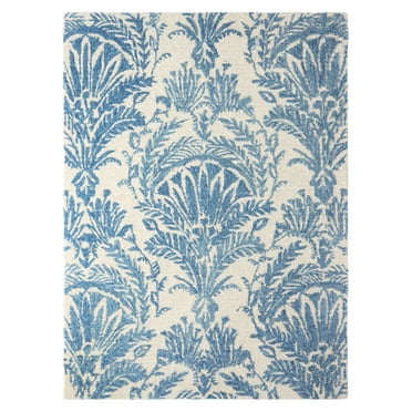 NICOLE MILLER NEW YORK Mod Damask Chambray Handcrafted Area Rug, 100% Wool Rug, Blue, 8'x10'
