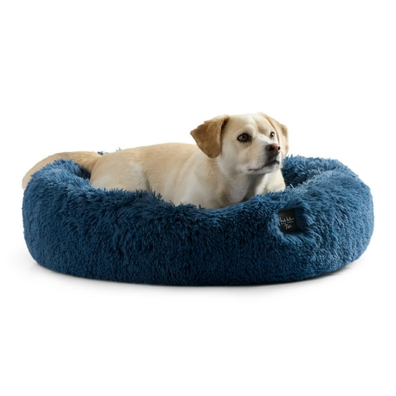 NICOLE MILLER NEW YORK PET Ellie Fuzzy Solid Donut Pet Bed, Plush, Cozy & Calming, Water Repellent, Non-Slip Bottom, 100% Machine Washable, Blue, Medium 28"x28"x7" Round