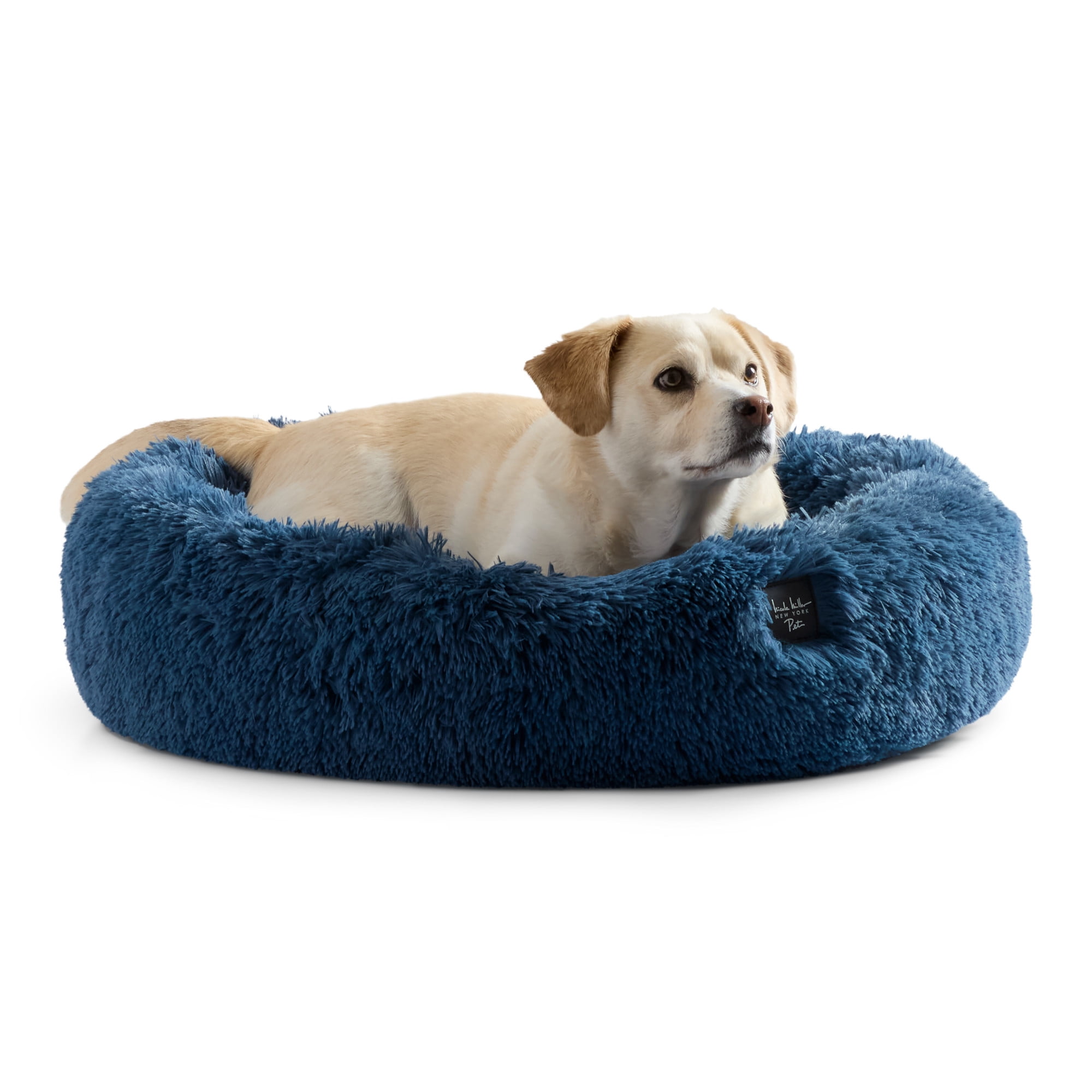NICOLE MILLER NEW YORK PET Ellie Fuzzy Solid Donut Pet Bed, Plush, Cozy & Calming, Water Repellent, Non-Slip Bottom, 100% Machine Washable, Blue, Small 24"x24"x7" Round