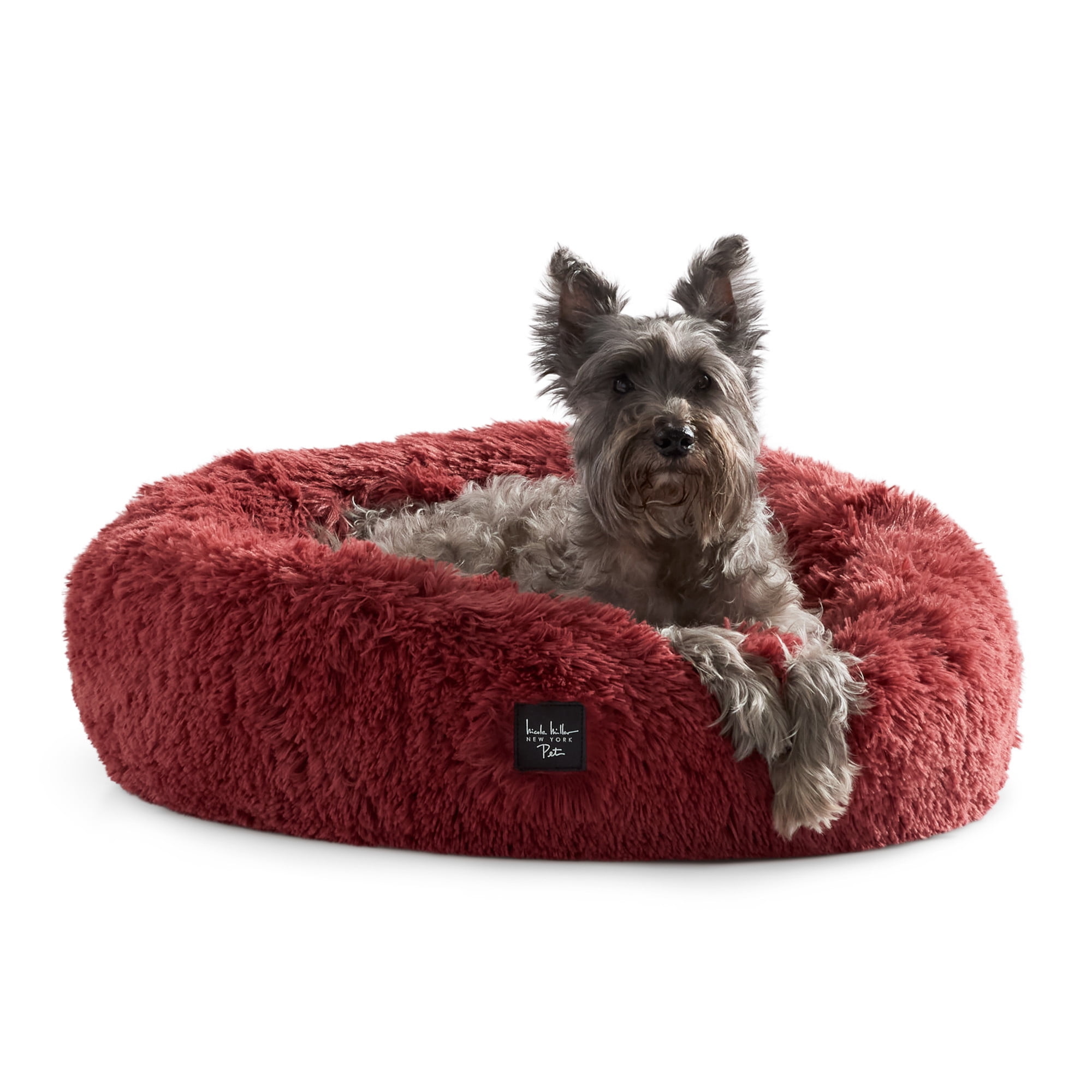 NICOLE MILLER NEW YORK PET Ellie Fuzzy Solid Donut Pet Bed, Plush, Cozy & Calming, Water Repellent, Non-Slip Bottom, 100% Machine Washable, Burgundy Rose, Medium 28"x28"x7" Round