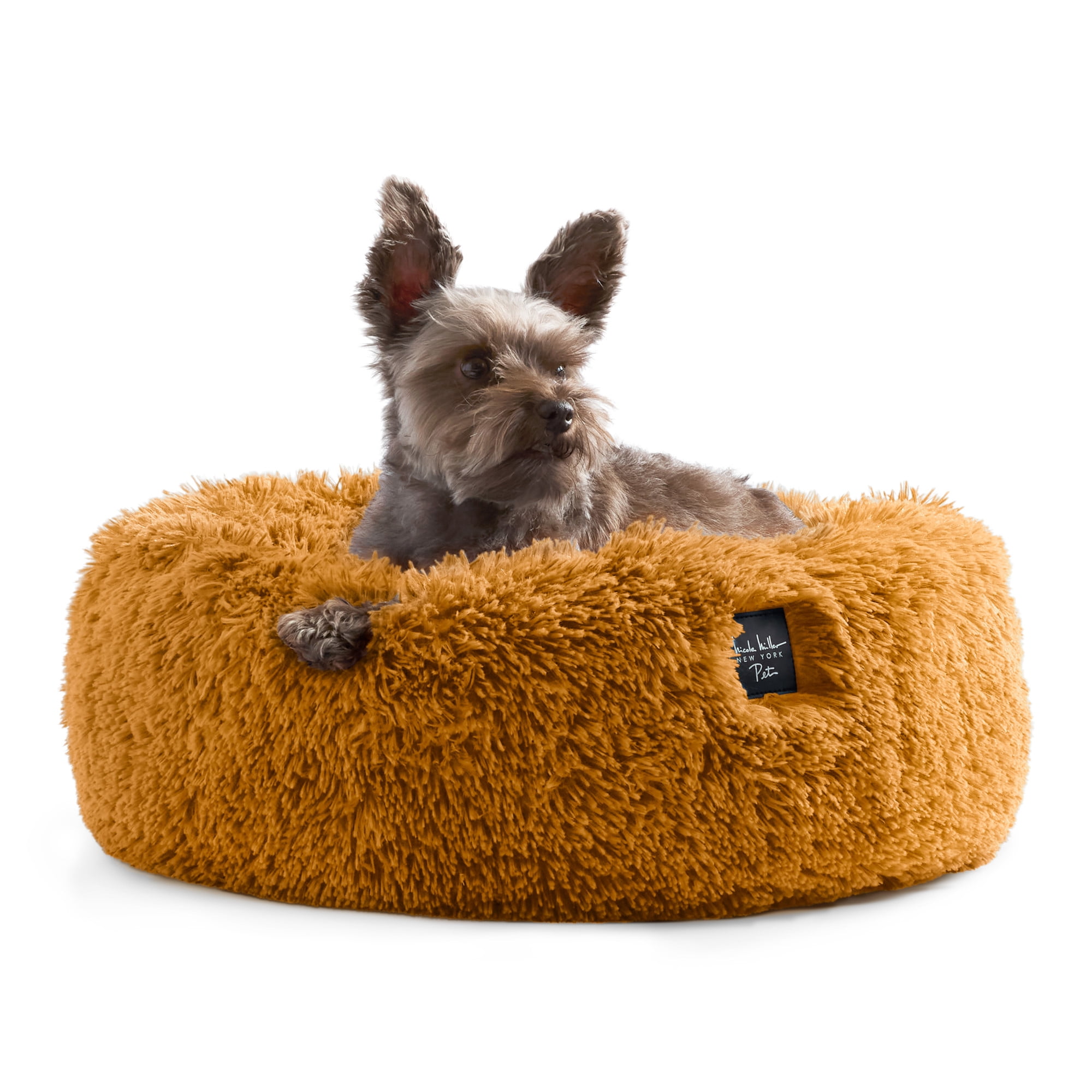 NICOLE MILLER NEW YORK PET Ellie Fuzzy Solid Donut Pet Bed, Plush, Cozy & Calming, Water Repellent, Non-Slip Bottom, 100% Machine Washable, Gold, Medium 28"x28"x7" Round