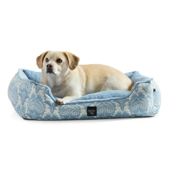 NICOLE MILLER NEW YORK PET Mod Damask Plushy Bolster Pet Bed, Cozy & Calming, Water Repellent, Non-Slip Bottom, 100% Machine Washable, Blue, Extra Small 19"x15"x6"