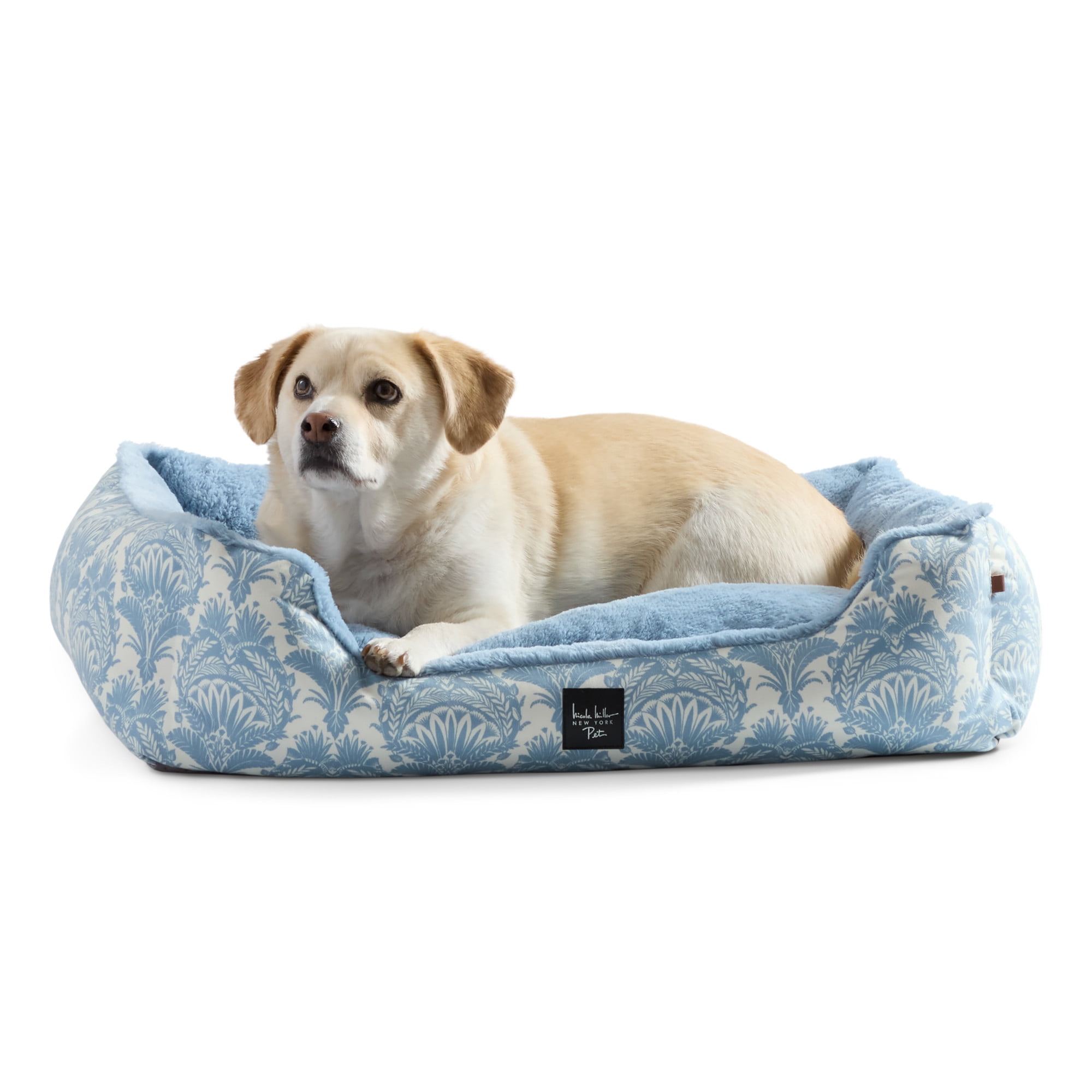 NICOLE MILLER NEW YORK PET Mod Damask Plushy Bolster Pet Bed, Cozy & Calming, Water Repellent, Non-Slip Bottom, 100% Machine Washable, Blue, Large 35"x28"x8"
