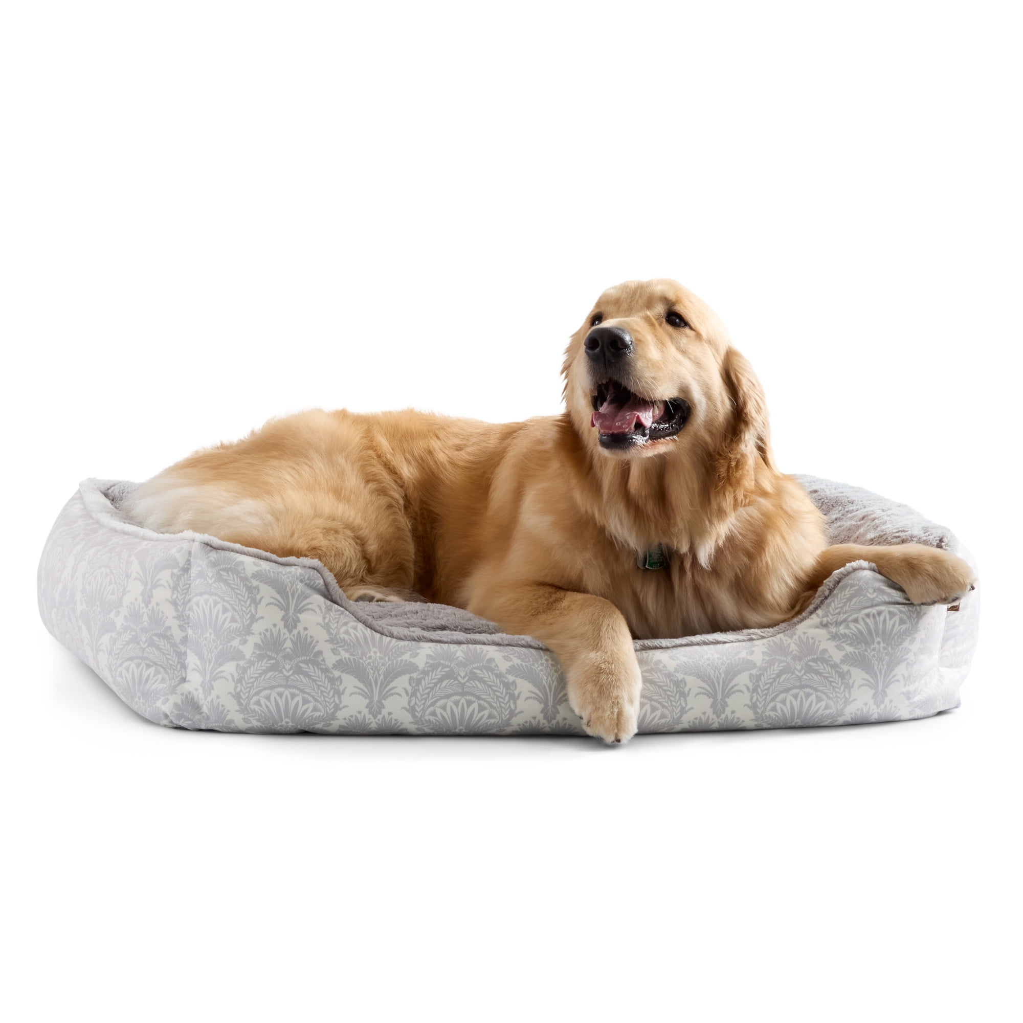 NICOLE MILLER NEW YORK PET Mod Damask Plushy Bolster Pet Bed, Cozy & Calming, Water Repellent, Non-Slip Bottom, 100% Machine Washable, Grey, Large 35"x28"x8"