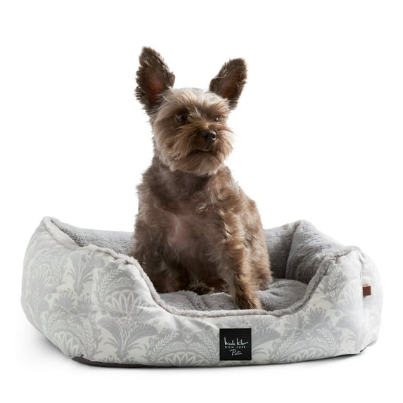 NICOLE MILLER NEW YORK PET Mod Damask Plushy Bolster Pet Bed, Cozy & Calming, Water Repellent, Non-Slip Bottom, 100% Machine Washable, Grey, Small 24"x19"x7"