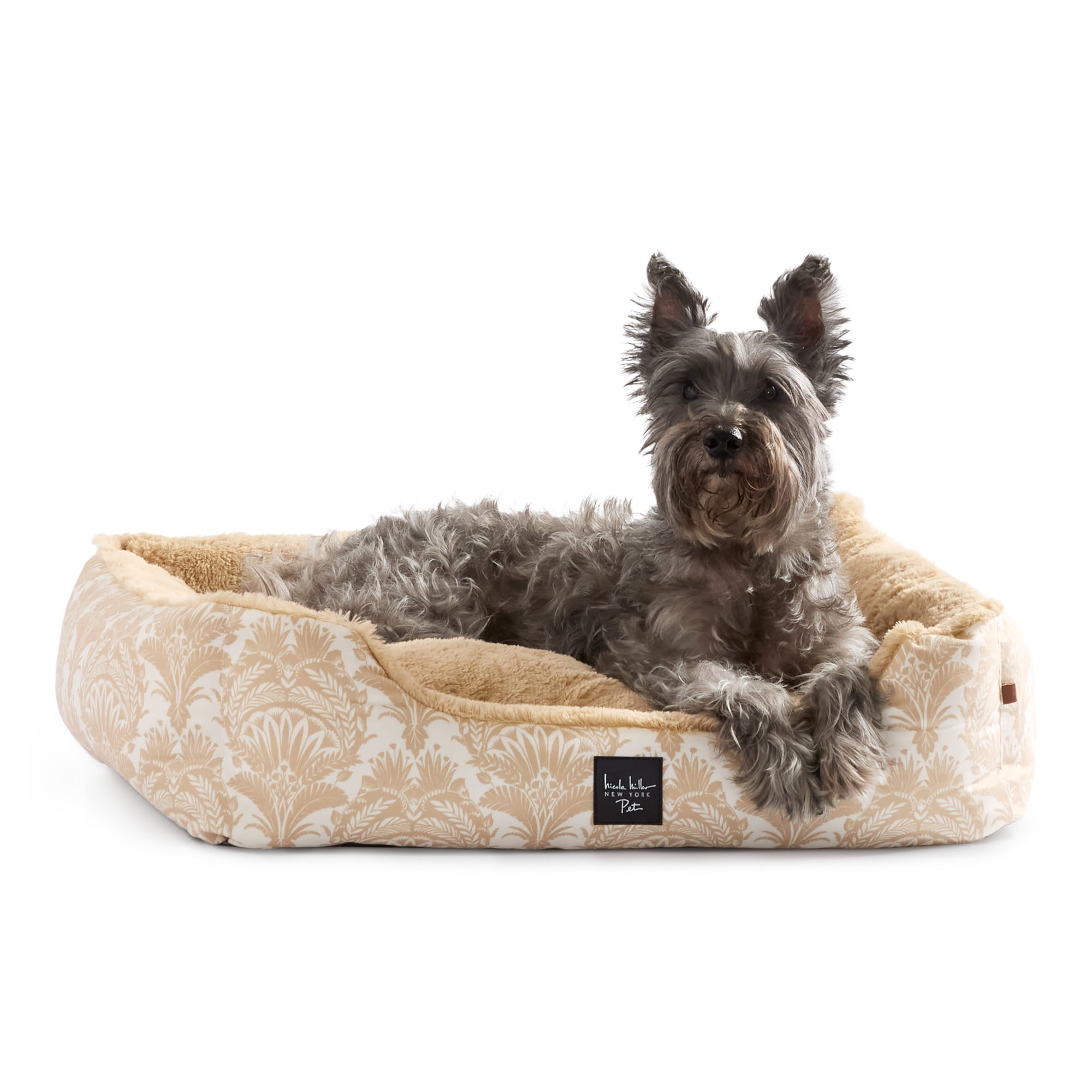 NICOLE MILLER NEW YORK PET Mod Damask Plushy Bolster Pet Bed, Cozy & Calming, Water Repellent, Non-Slip Bottom, 100% Machine Washable, Taupe, Large 35"x28"x8"