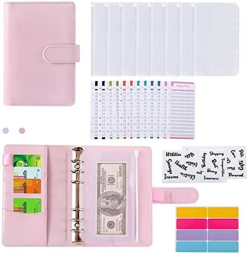 LINTRU Budget Binder with Zipper Envelopes, Money Organizer for Cash, Premium PU Leather A6 Binder with Expense Budget Sheets and Stickers, Savings