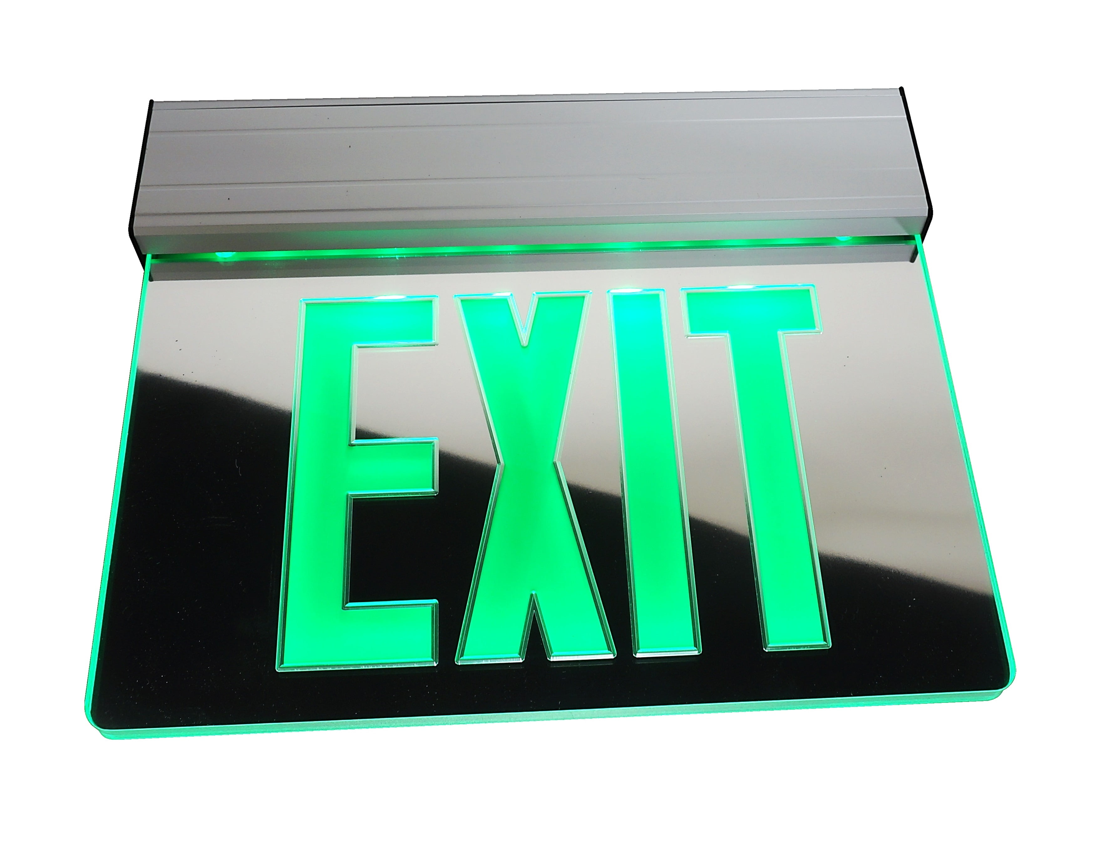 Mirrored Aluminum Edge-Lit LED Exit Sign with Green Lettering