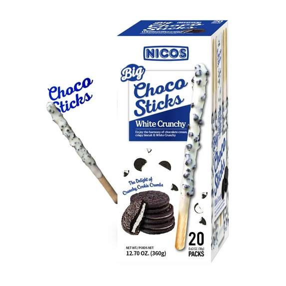 NICOS Big Choco Sticks White Crunchy 20ct ( White cream Dipped Biscuit Sticks Individually Wrapped) Party, Xmas Gift , Lunch,Picnic, School and more !