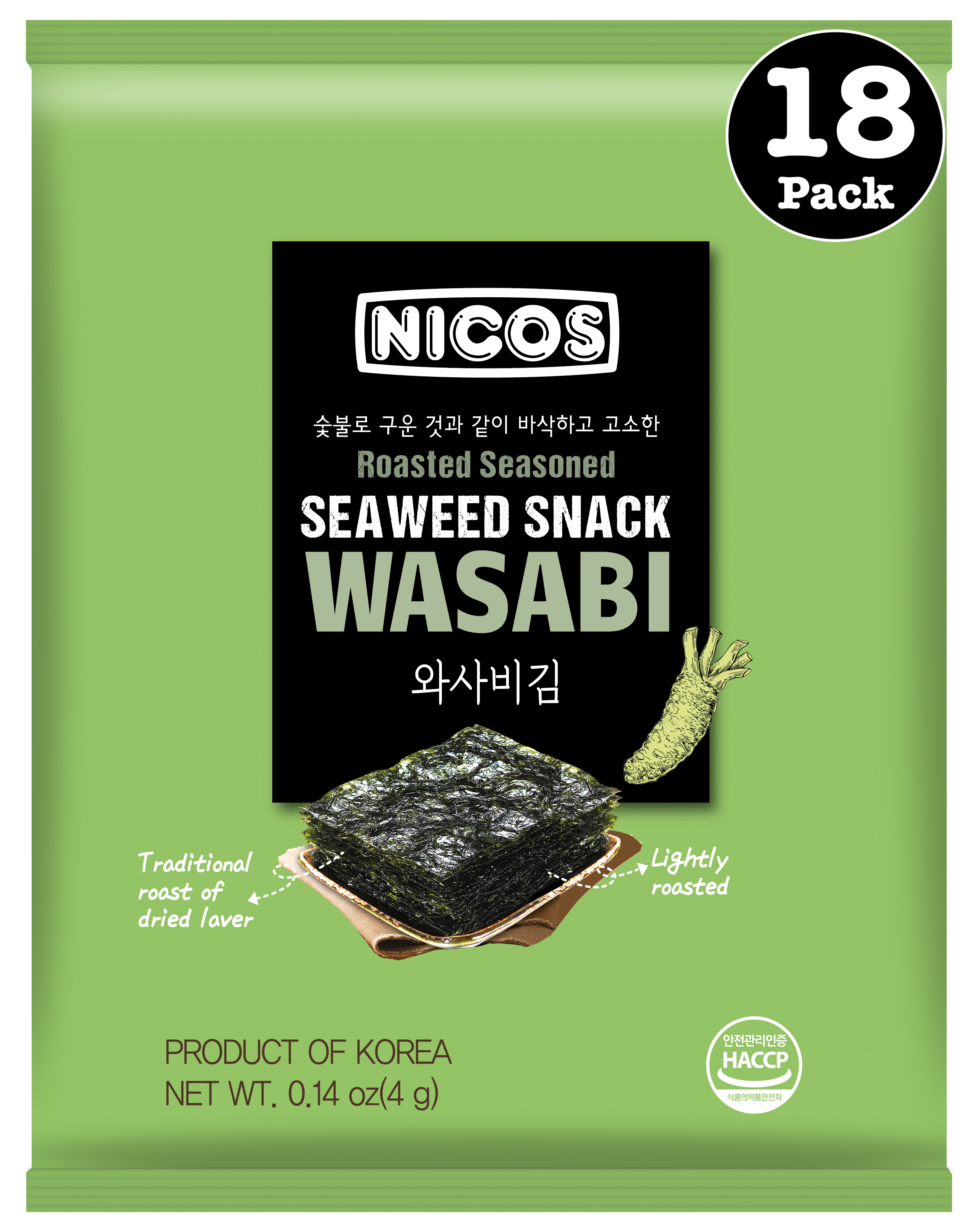NICOS Roasted Seasoned Seaweed Snack TOGOWASABI 0.14 oz ( Pack of 18