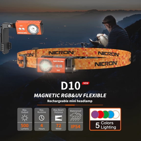 NICRON D10 Rechargeable Mini Headlamp, 500 Lumens Magnetic RGB & UV Flexible Work Light, IP54 Waterproof, 5 Colors Lighting for Camping, Repairing, and Outdoor Emergency