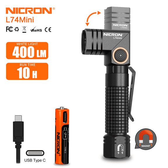 NICRON EDC Flashlight Rechargeable, 90 Degree Flashlight with Magnet 400 High Lumens L74 Mini Flashlight Compatiable with AAA Battery Pocket Penlight for Night Working, Camping, Outdoor, Emergency