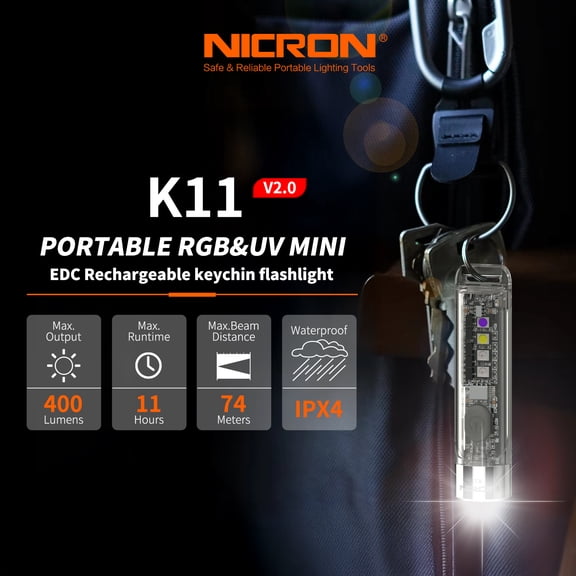 NICRON K11 v2.0 Rechargeable Multi-Color Keychain Light, 400LM/74m, White/Warm/UV/RGB Modes, IPX4, 16g, Camping EDC