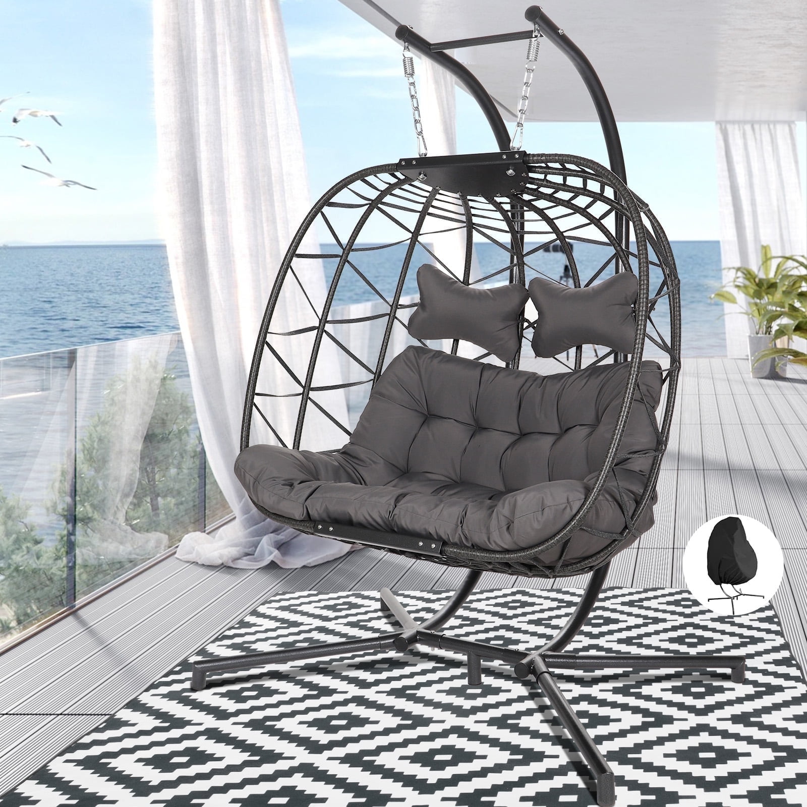 Gray Wicker Double Hanging Chair with Cushions and Stand