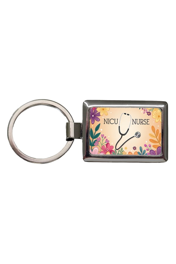 NICU Neonatal Nurse Appreciation Stethoscope Flowers Metal Rectangle Keychain