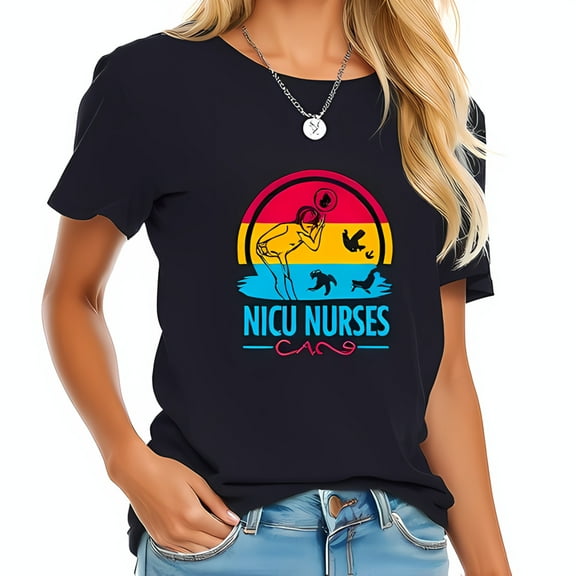 NICU Nurses Cotton Short Sleeve T-Shirt - Colorful Graphic Design with Caring & Illustration Retro Style Perfect for Neonatal Care Professionals
