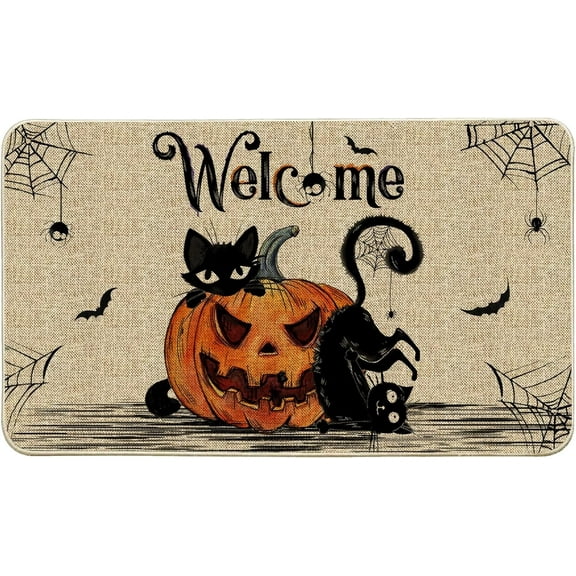 NIETEIN Halloween Door Mat Pumpkin Cat Gnomes Non-Slip Washable 31.5x19.7 Inch (Black Cat Pumpkin)