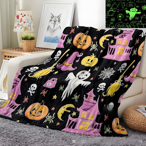 NIETEIN Halloween Glow in The Dark Blanket Pumpkin Skull Ghost Gothic Soft Cozy Flannel 50"x60"