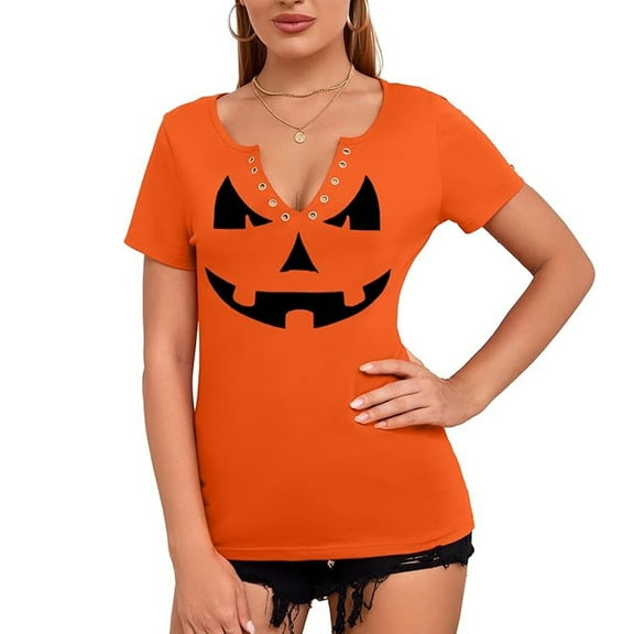 NIETEIN Halloween Pumpkin Face Shirts for Women, Hocus Pocus Tee, Funny Pumpkin Top (M)