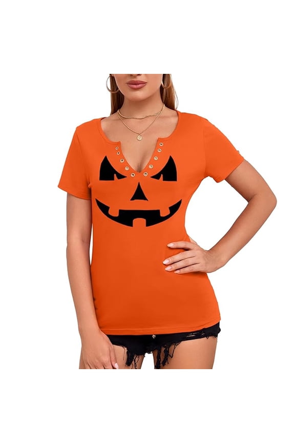Halloween Pumpkin Face Shirts for Women, Hocus Pocus Tee, Funny Pumpkin Top (M)