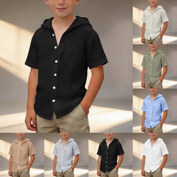 NIEWTR 11-12 Years Teen Boys Girls Boys Short Sleeve Shirt With Hood Children's Button Hoodie Teenager Summer Casual Shirt Hooded Shirt,A40-Black