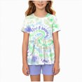 thumbnail image 1 of NIEWTR 11-12 Years Teen Girls'Clothing 2 Piece Sets Summer Short Sleeve Graphic T Shirt And Print Shorts Outfit Set Yoga Gym Outfit Top and Flare Pants Set A7-Blue, 1 of 8