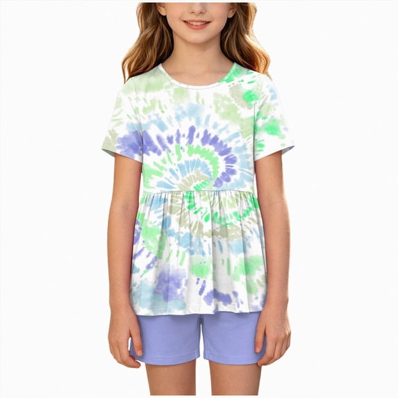 NIEWTR 11-12 Years Teen Girls'Clothing 2 Piece Sets Summer Short Sleeve Graphic T Shirt And Print Shorts Outfit Set Yoga Gym Outfit Top and Flare Pants Set A7-Blue