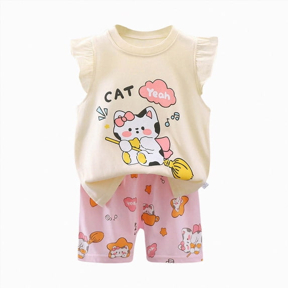 NIEWTR 2-3 Years Girls Summer Clothing Sets Girls 2PC Summer Set Cute Cartoon Printed Short Sleeve Shorts Two Piece Set 2Pcs Little Girls Clothing Set Sleepwear Loungewear